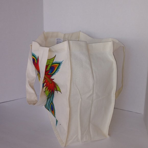 Hand-Painted Skull Tote Bag: Sunflower & Peacock Feather Art 14x13x7 - Picture 4 of 16